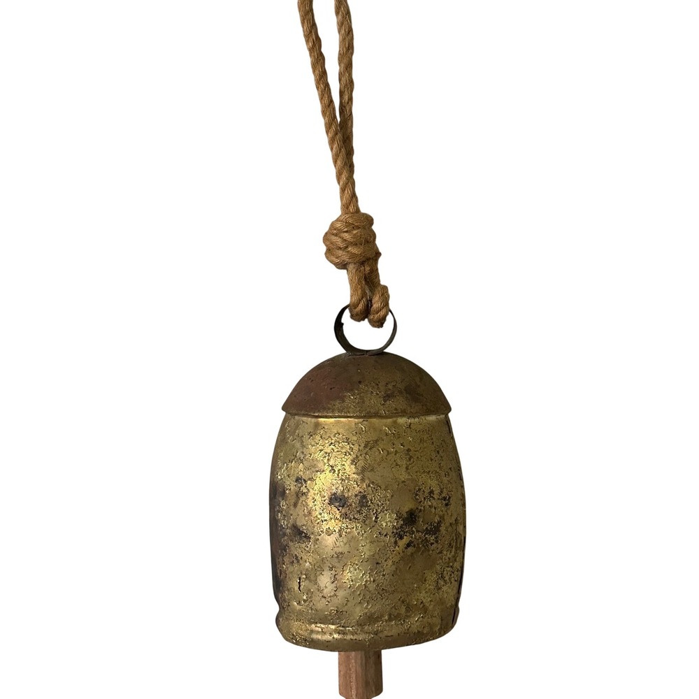 Rustic Metal Hanging Bell with Jute Rope and Wood Clapper Vintage Patina